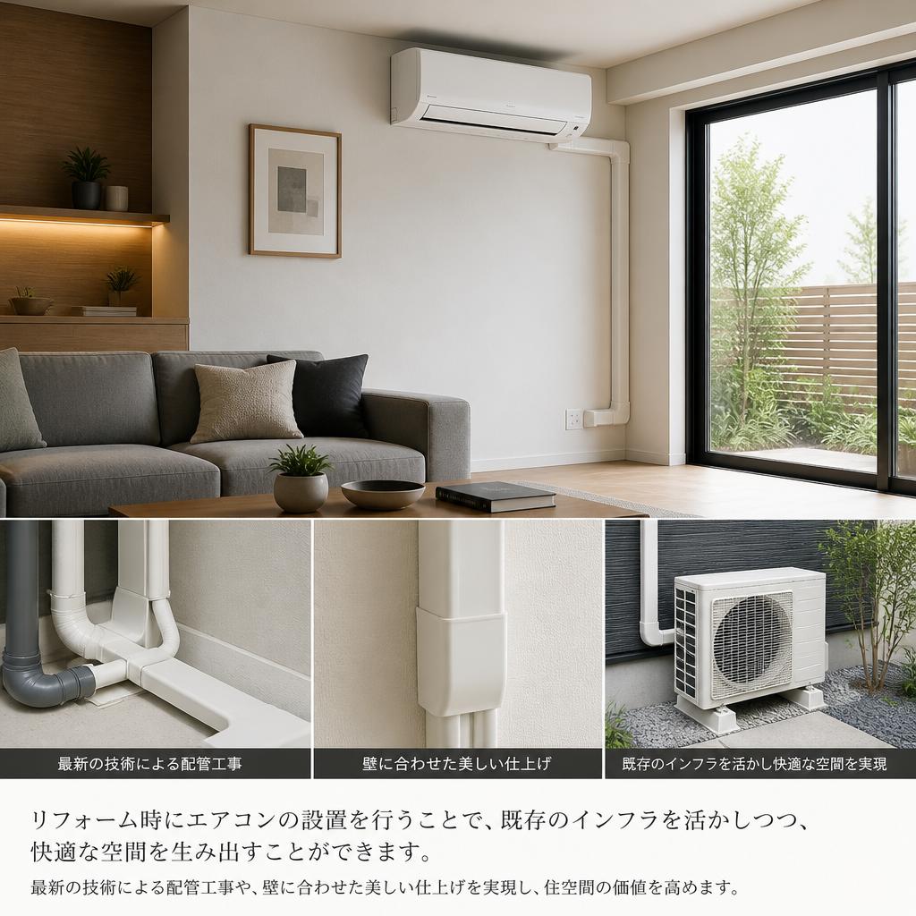 リフォーム現場でのエアコン取り付け